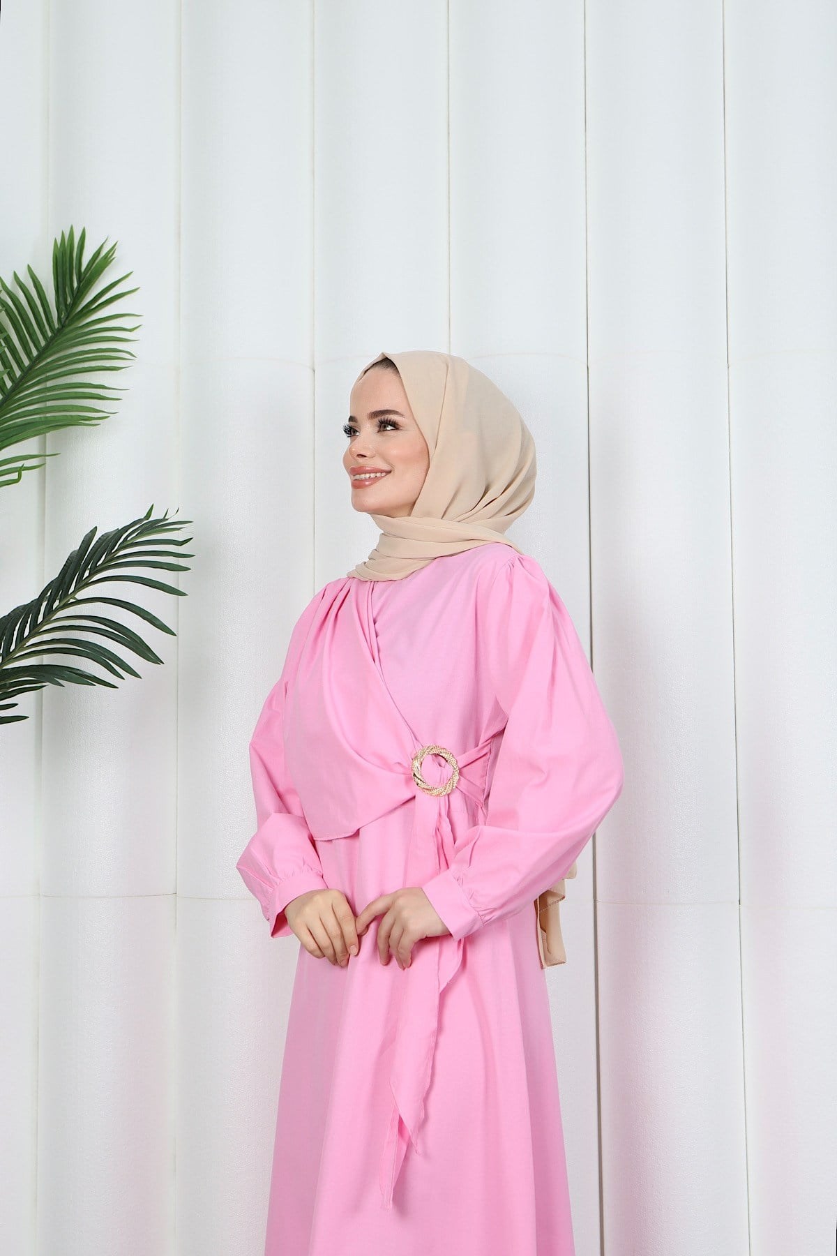 Yandan Tokalı Terikoton Elbise Pembe   HNT0329