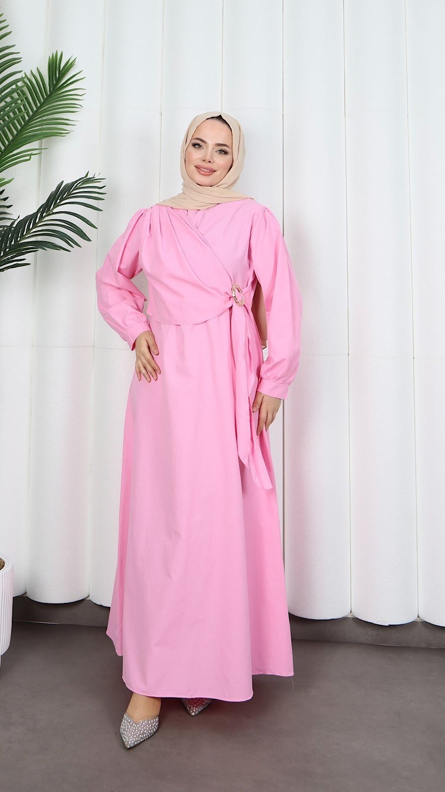 Yandan Tokalı Terikoton Elbise Pembe   HNT0329