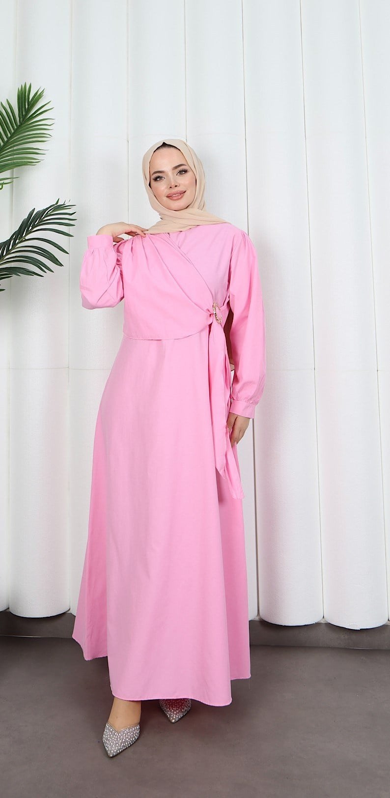Yandan Tokalı Terikoton Elbise Pembe   HNT0329