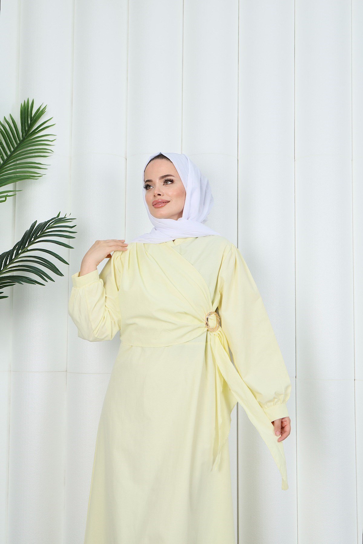 Yandan Tokalı Terikoton Elbise Sarı   HNT0329