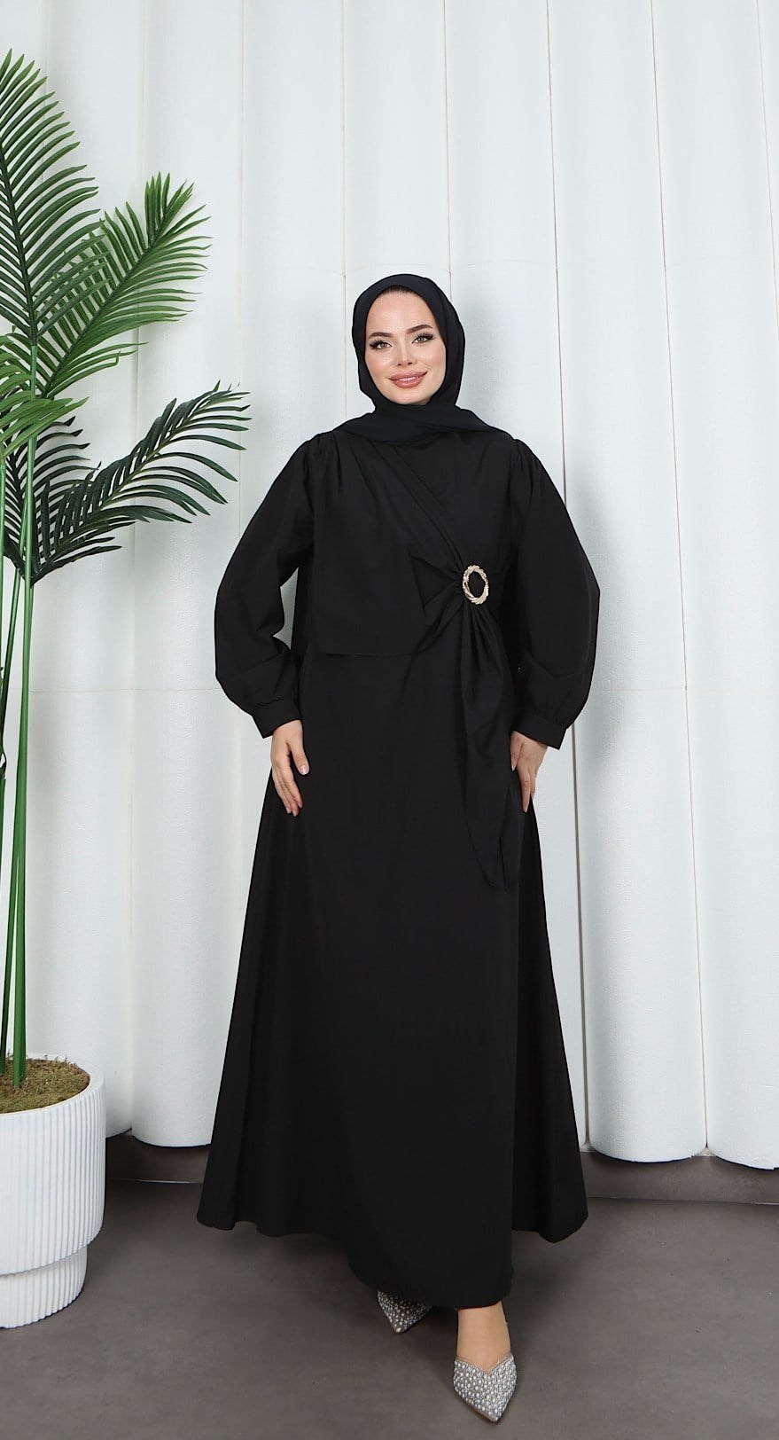 Yandan Tokalı Terikoton Elbise Siyah HNT0329