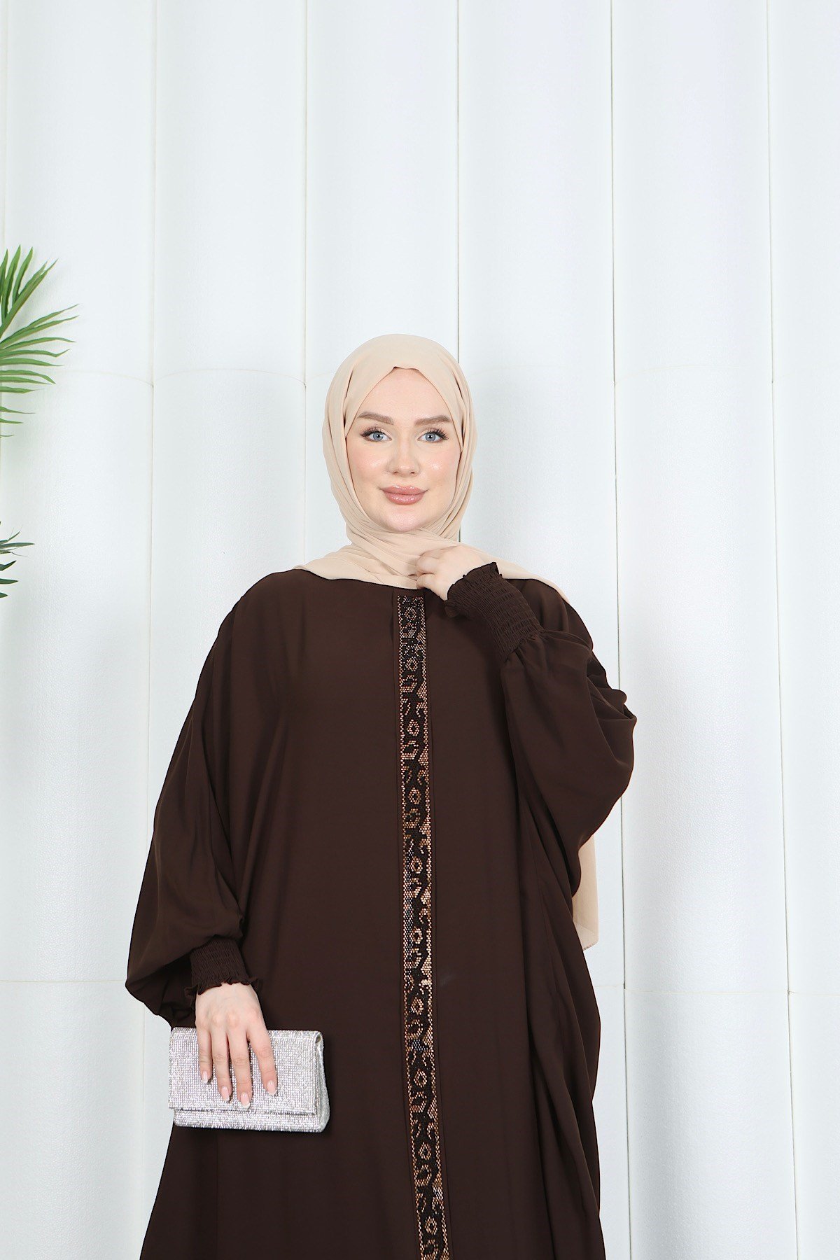 Yarasa Kol  Leopar Taşlı Elbise Acı Kahve  HNT8526