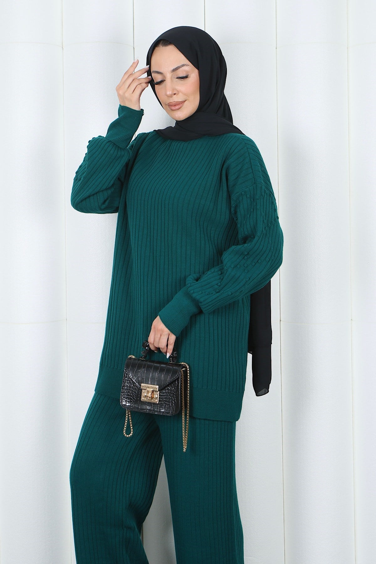 Yarım Balıkçı Yaka Kol Detaylı Pantalonlu Triko Takım Zümrüt HNT2811