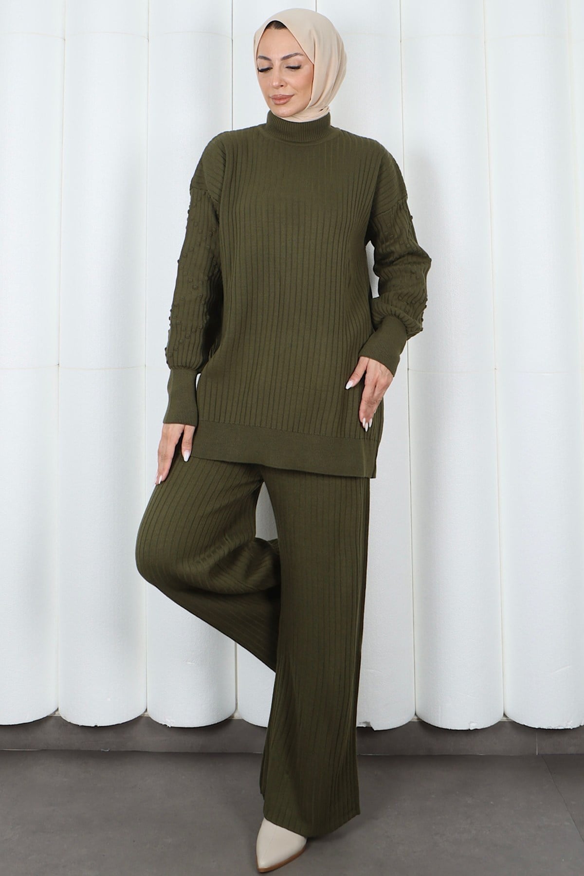 Yarım Balıkçı Yaka Kol Detaylı Pantalonlu Triko Takım Haki  HNT2811