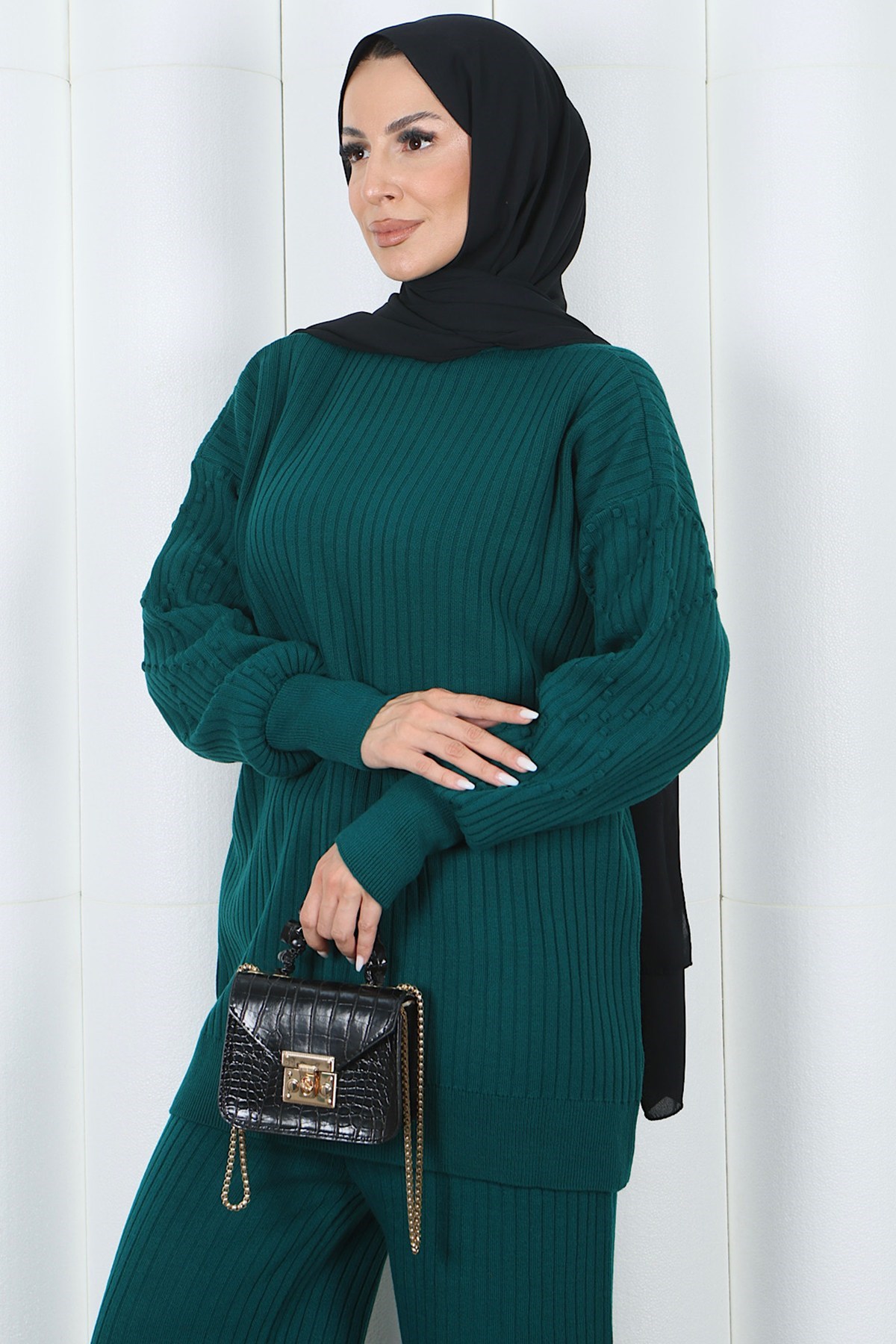 Yarım Balıkçı Yaka Kol Detaylı Pantalonlu Triko Takım Zümrüt HNT2811