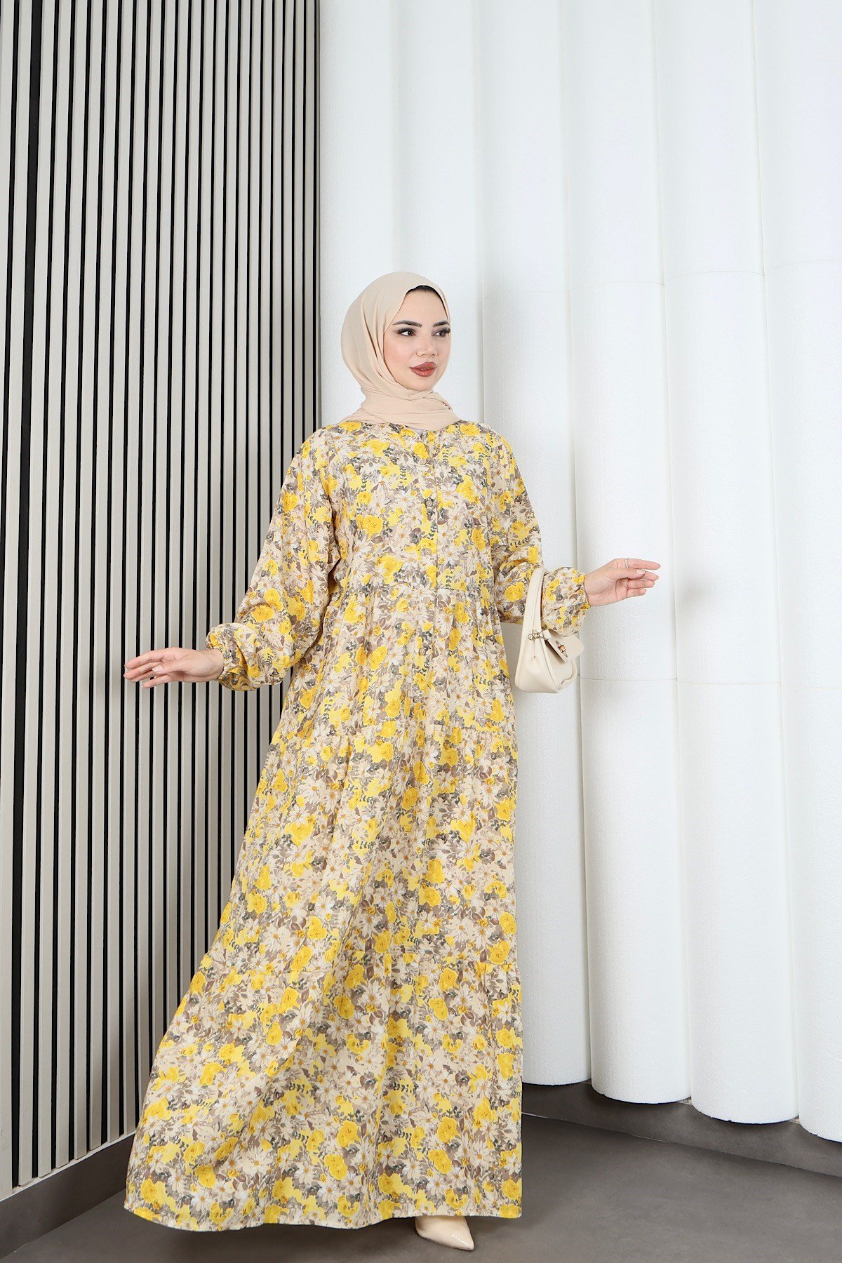 Yarım Pat  Düğmeli Papatya  Desenli Modal Kumaş Elbise Sarı  HNT2129