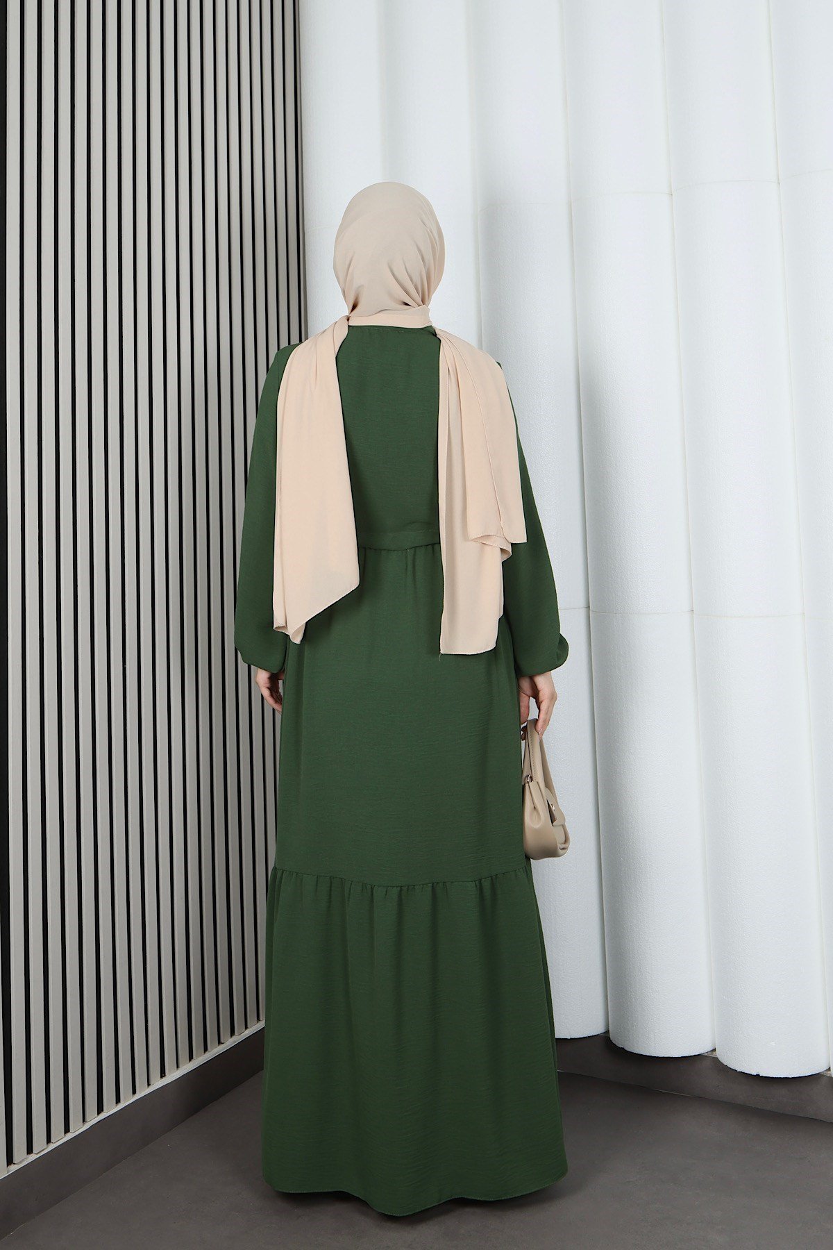 Yarım Pat Düğmeli Beli Bağcıklı Ayrobin Elbise Haki   HNT85451