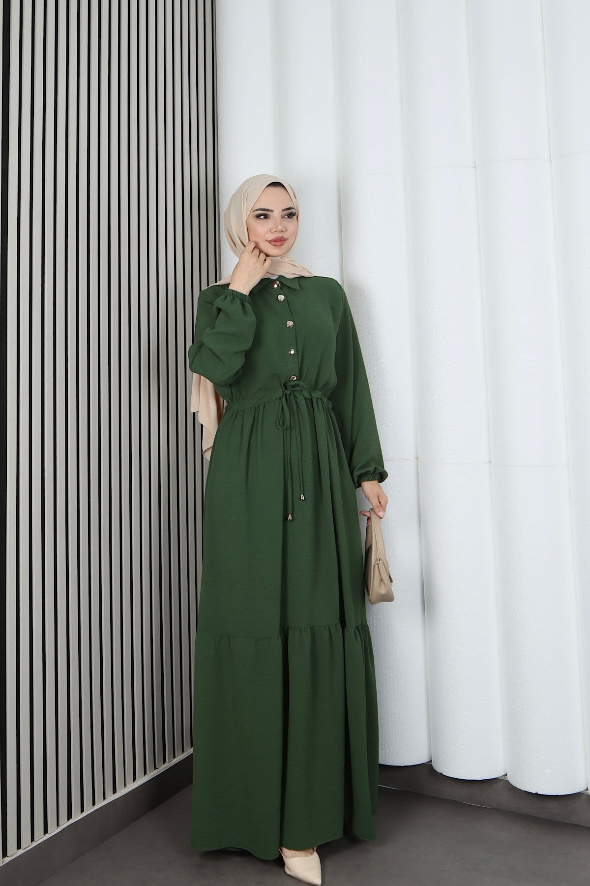 Yarım Pat Düğmeli Beli Bağcıklı Ayrobin Elbise Haki   HNT85451