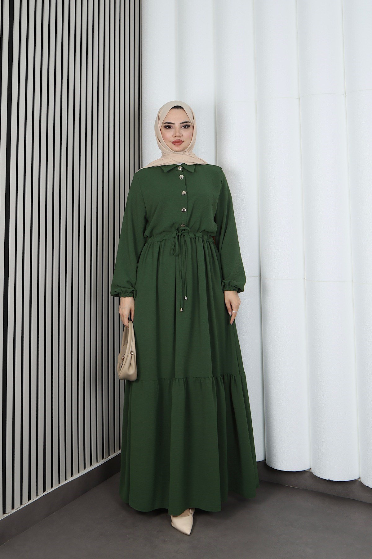 Yarım Pat Düğmeli Beli Bağcıklı Ayrobin Elbise Haki   HNT85451