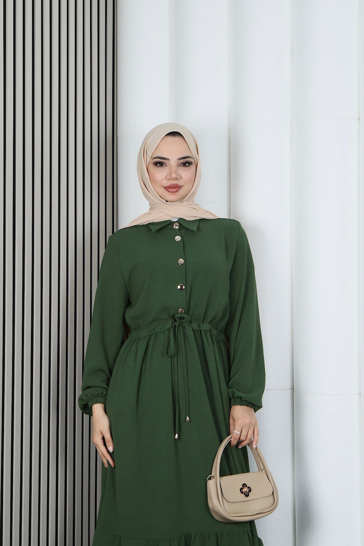 Yarım Pat Düğmeli Beli Bağcıklı Ayrobin Elbise Haki   HNT85451