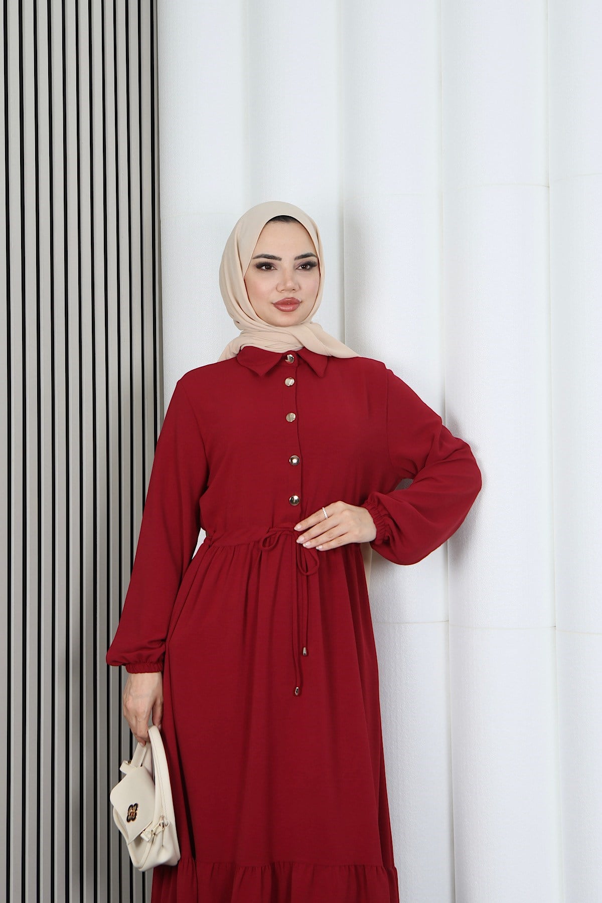 Yarım Pat Düğmeli Beli Bağcıklı Ayrobin Elbise Bordo HNT85451