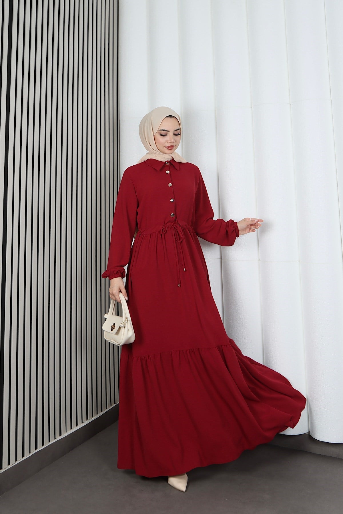 Yarım Pat Düğmeli Beli Bağcıklı Ayrobin Elbise Bordo HNT85451