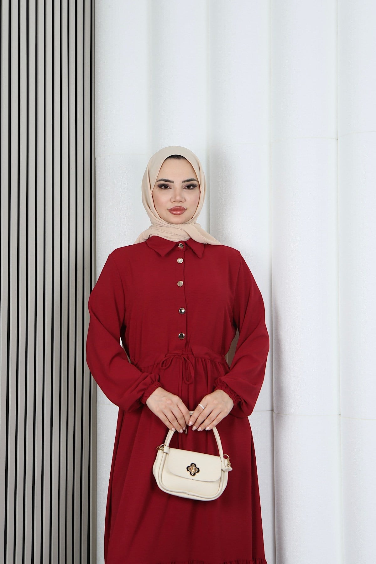 Yarım Pat Düğmeli Beli Bağcıklı Ayrobin Elbise Bordo HNT85451