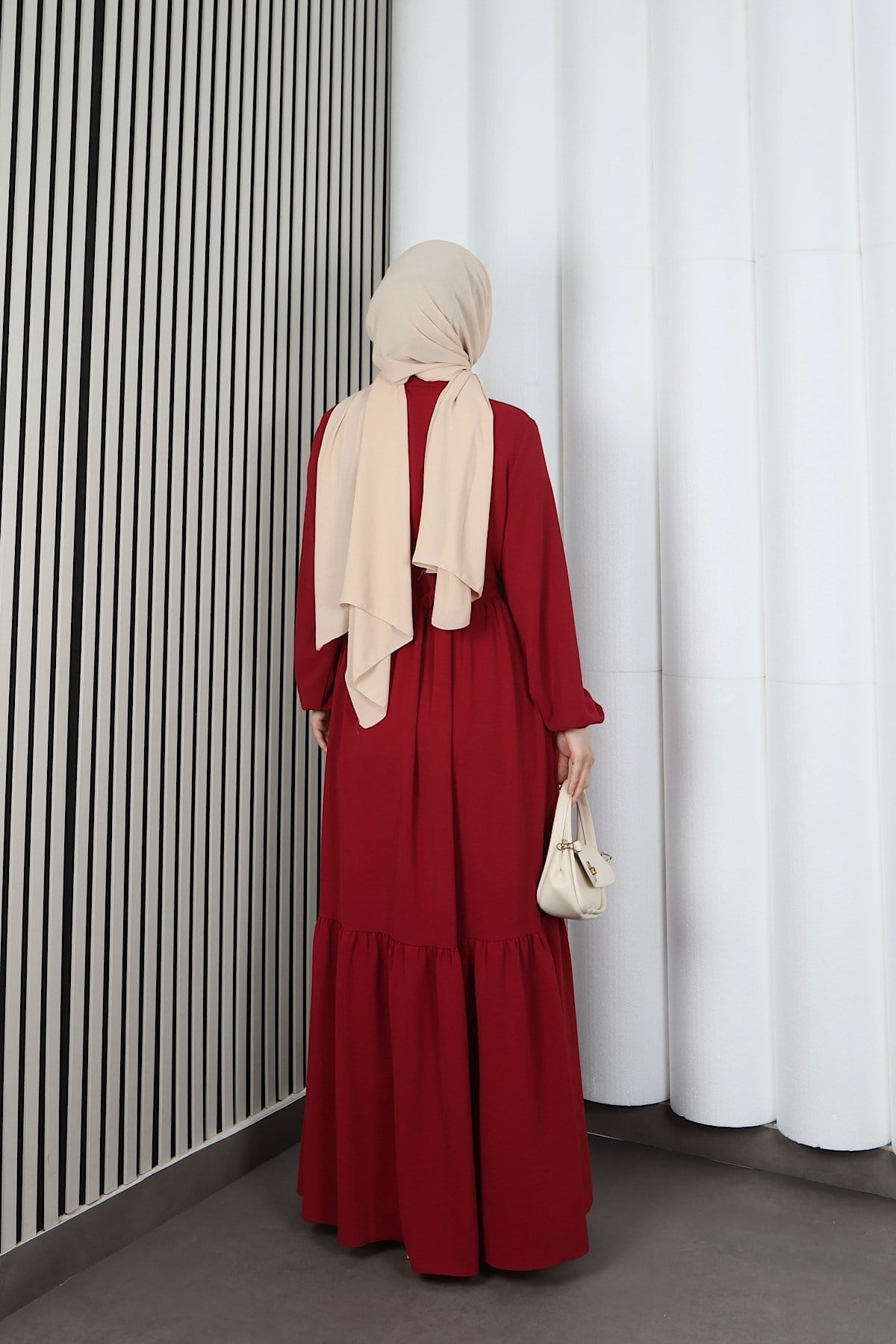 Yarım Pat Düğmeli Beli Bağcıklı Ayrobin Elbise Bordo HNT85451