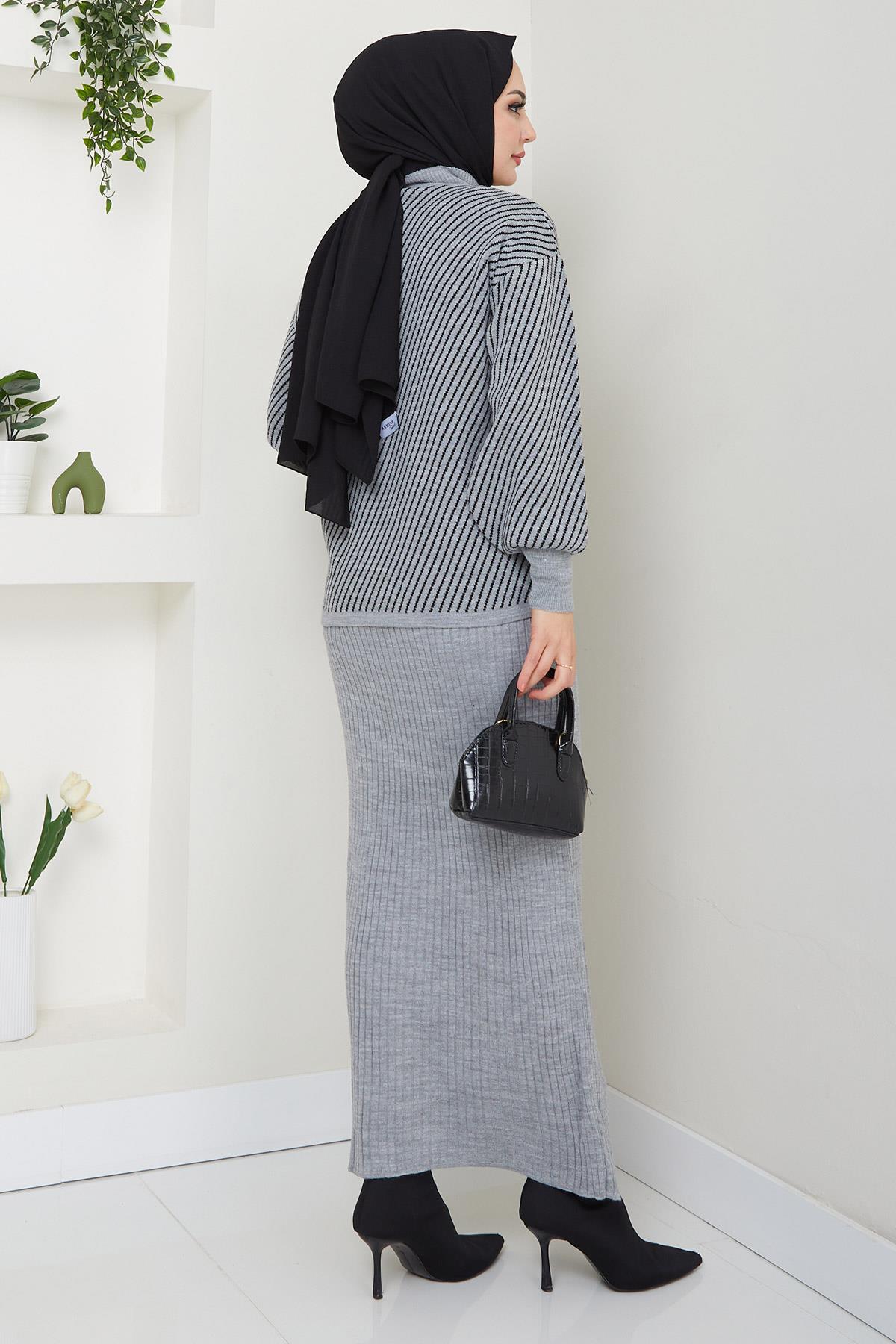 Yatay Çizgili Kazak Jile Triko Takım Gri HM2591