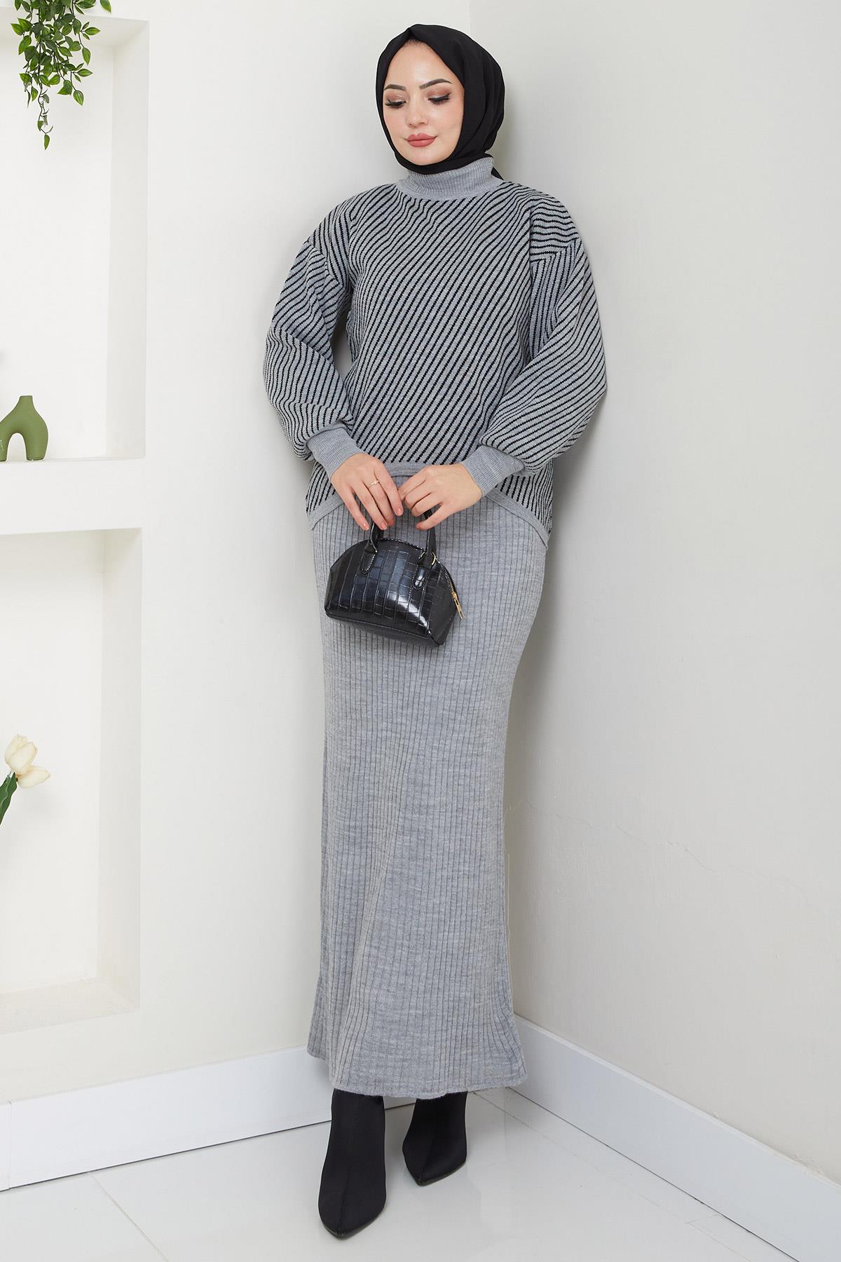 Yatay Çizgili Kazak Jile Triko Takım Gri HM2591