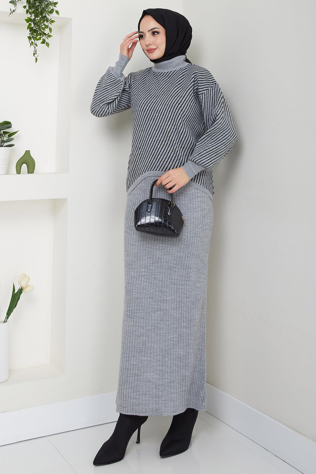 Yatay Çizgili Kazak Jile Triko Takım Gri HM2591