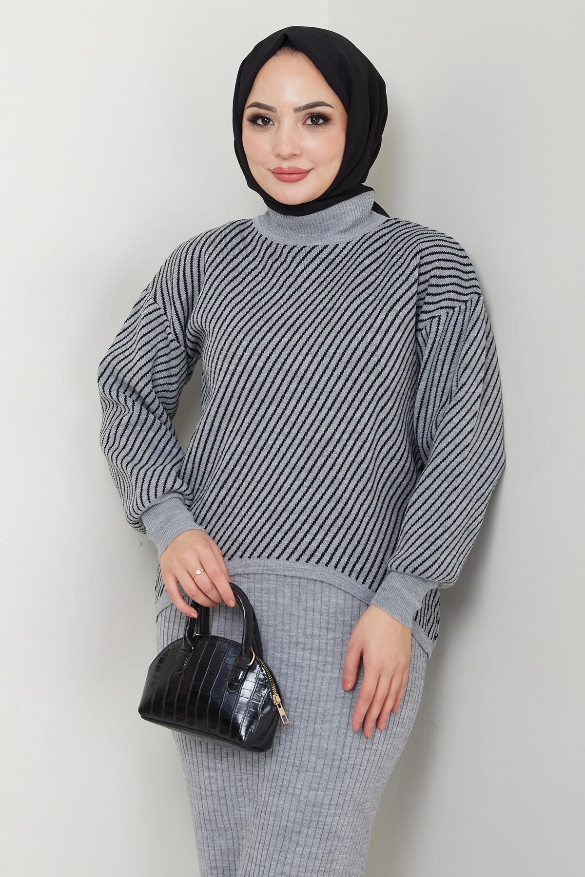 Yatay Çizgili Kazak Jile Triko Takım Gri HM2591