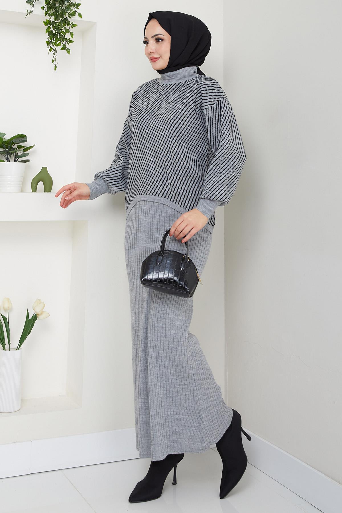 Yatay Çizgili Kazak Jile Triko Takım Gri HM2591