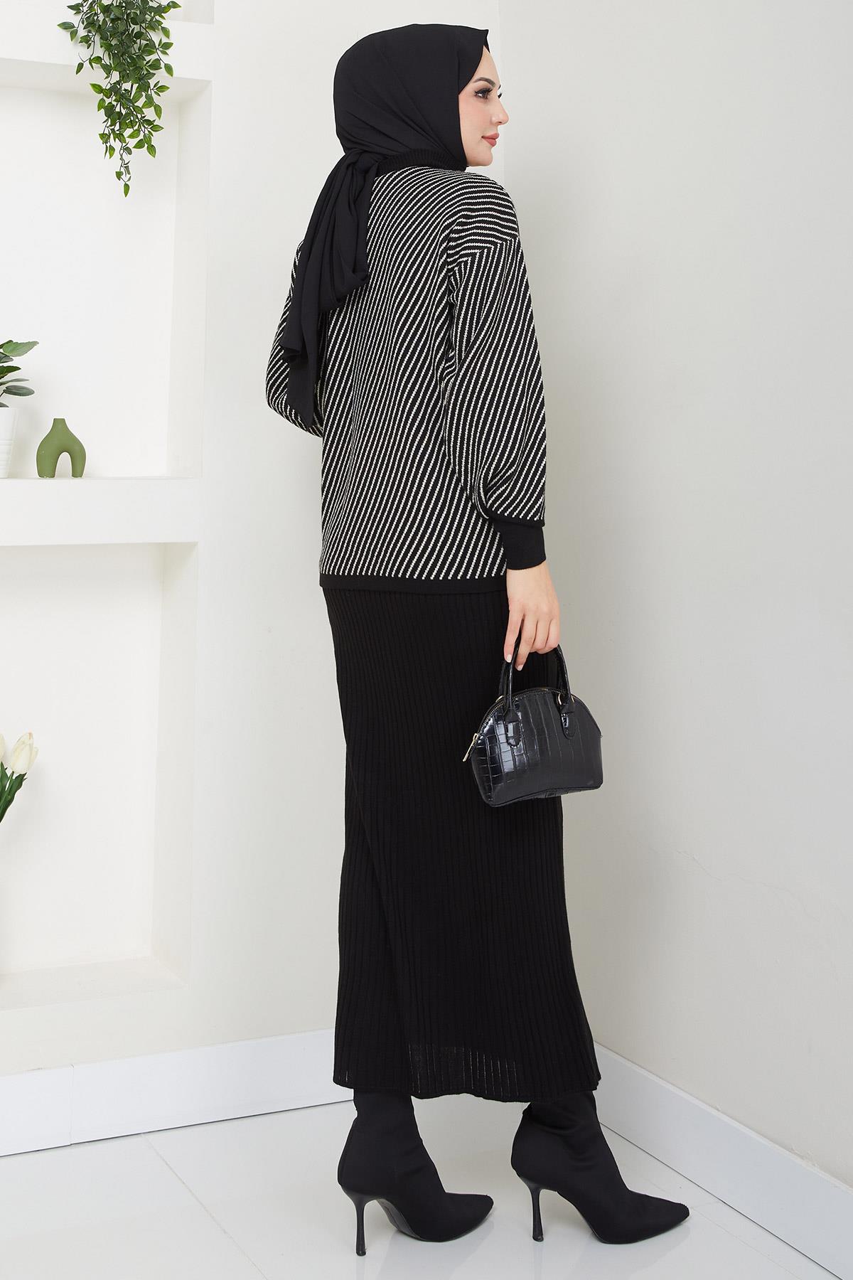 Yatay Çizgili Kazak Jile Triko Takım Siyah HM2591