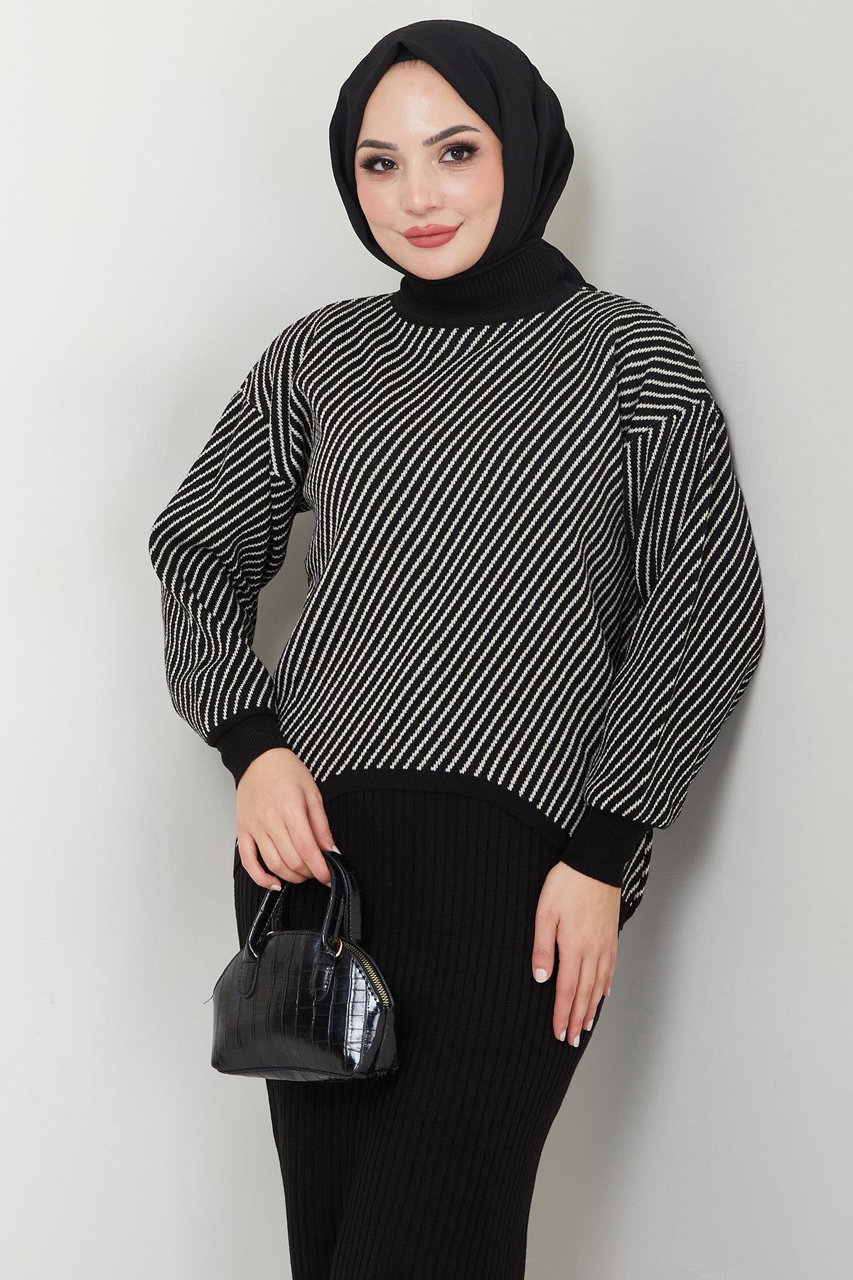 Yatay Çizgili Kazak Jile Triko Takım Siyah HM2591