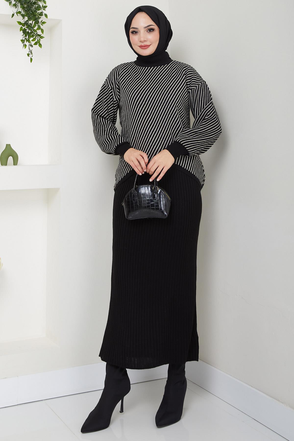 Yatay Çizgili Kazak Jile Triko Takım Siyah HM2591