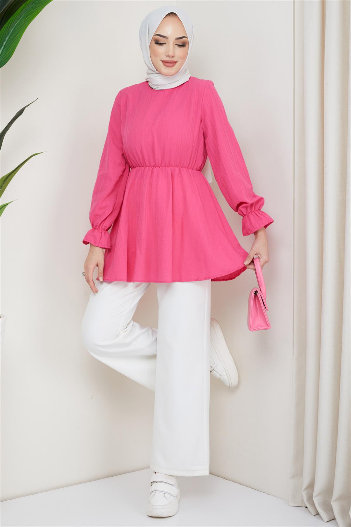 Yazlık Lastikli Pamuklu Tunik Fuşya