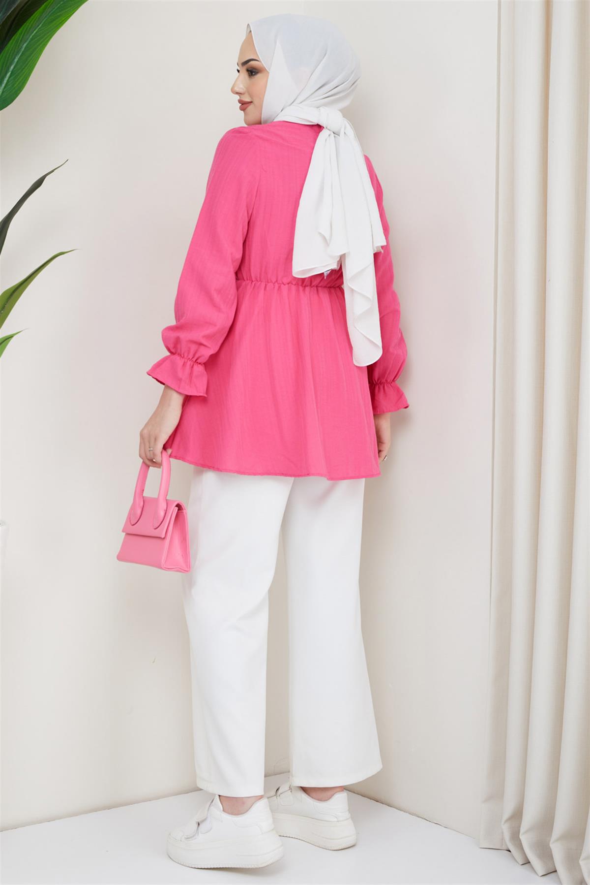 Yazlık Lastikli Pamuklu Tunik Fuşya