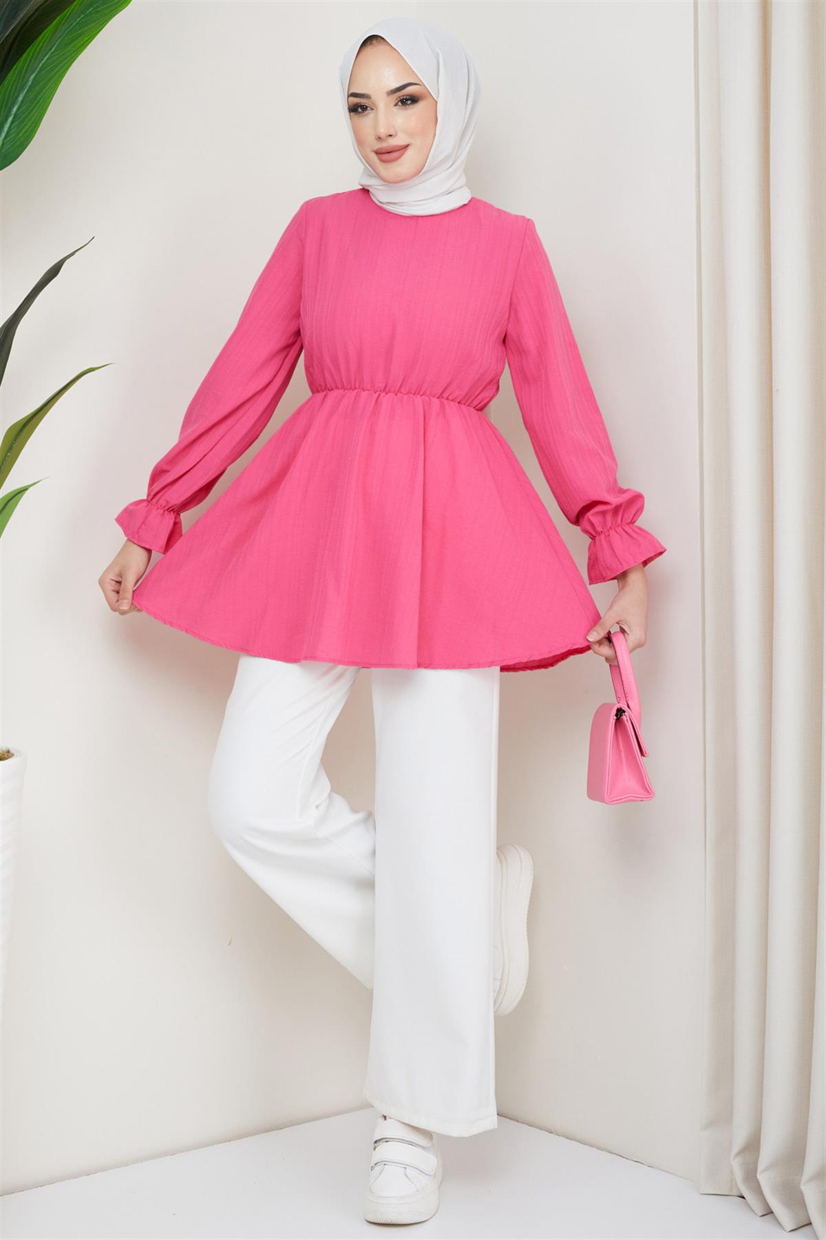 Yazlık Lastikli Pamuklu Tunik Fuşya