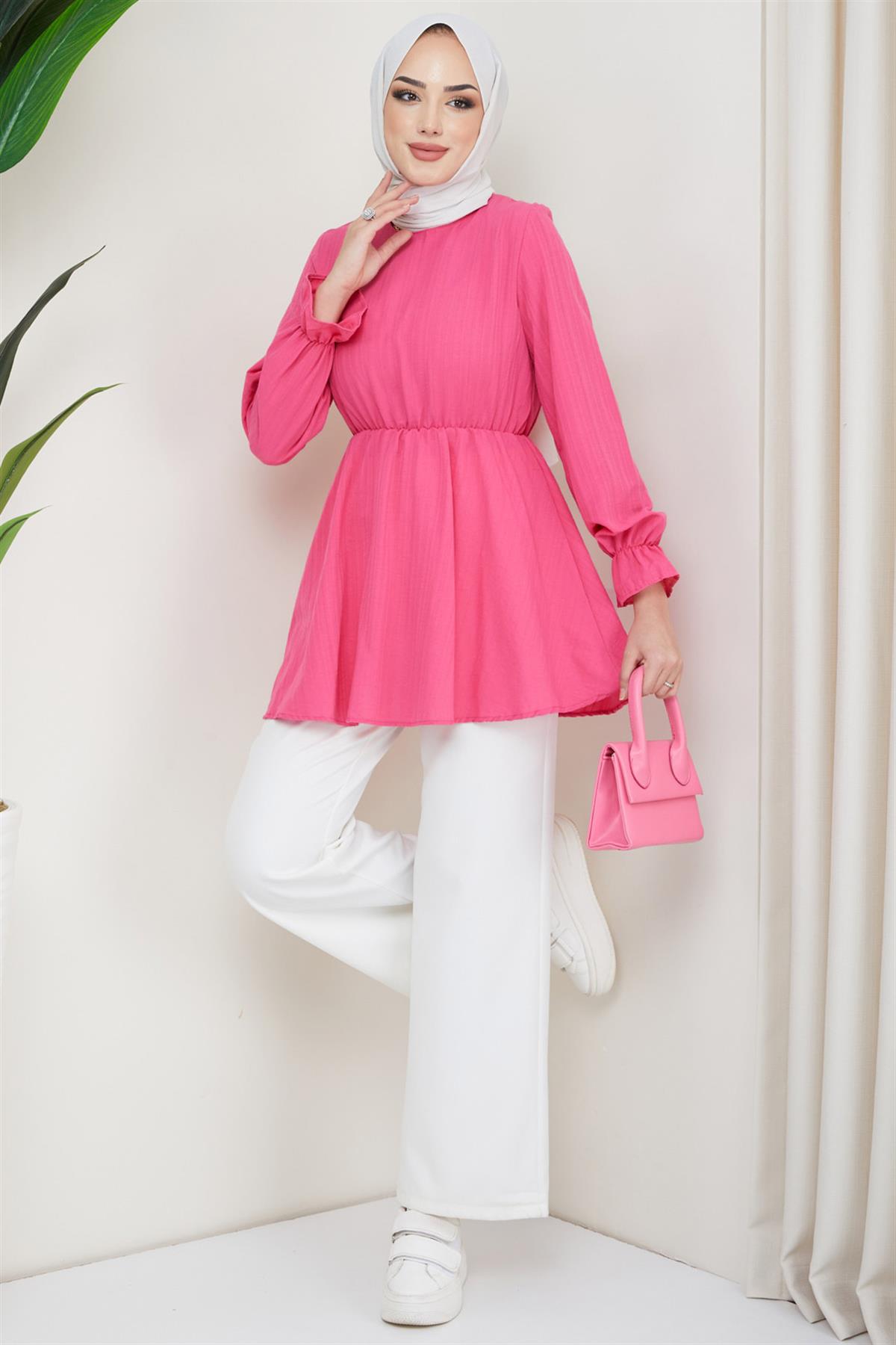 Yazlık Lastikli Pamuklu Tunik Fuşya