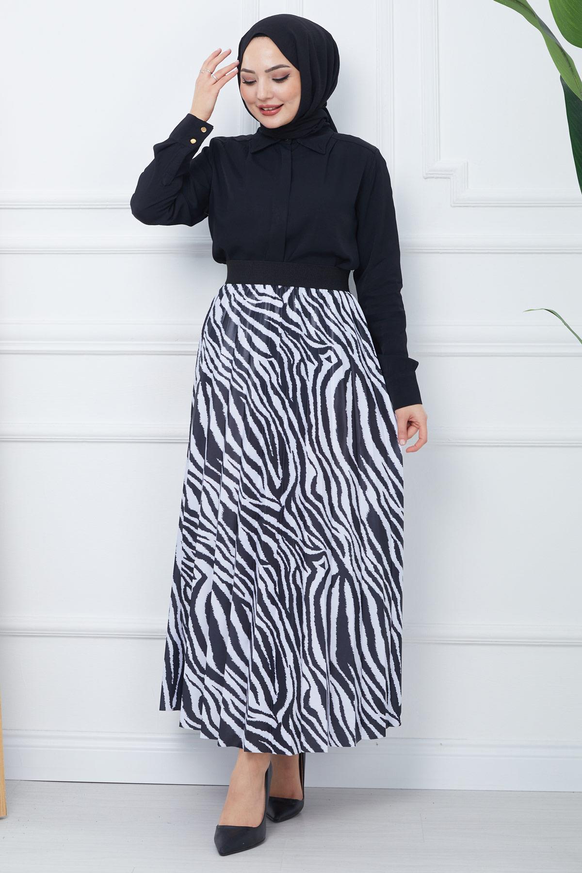 Zebra Desen Piliseli Etek Siyah HM2391