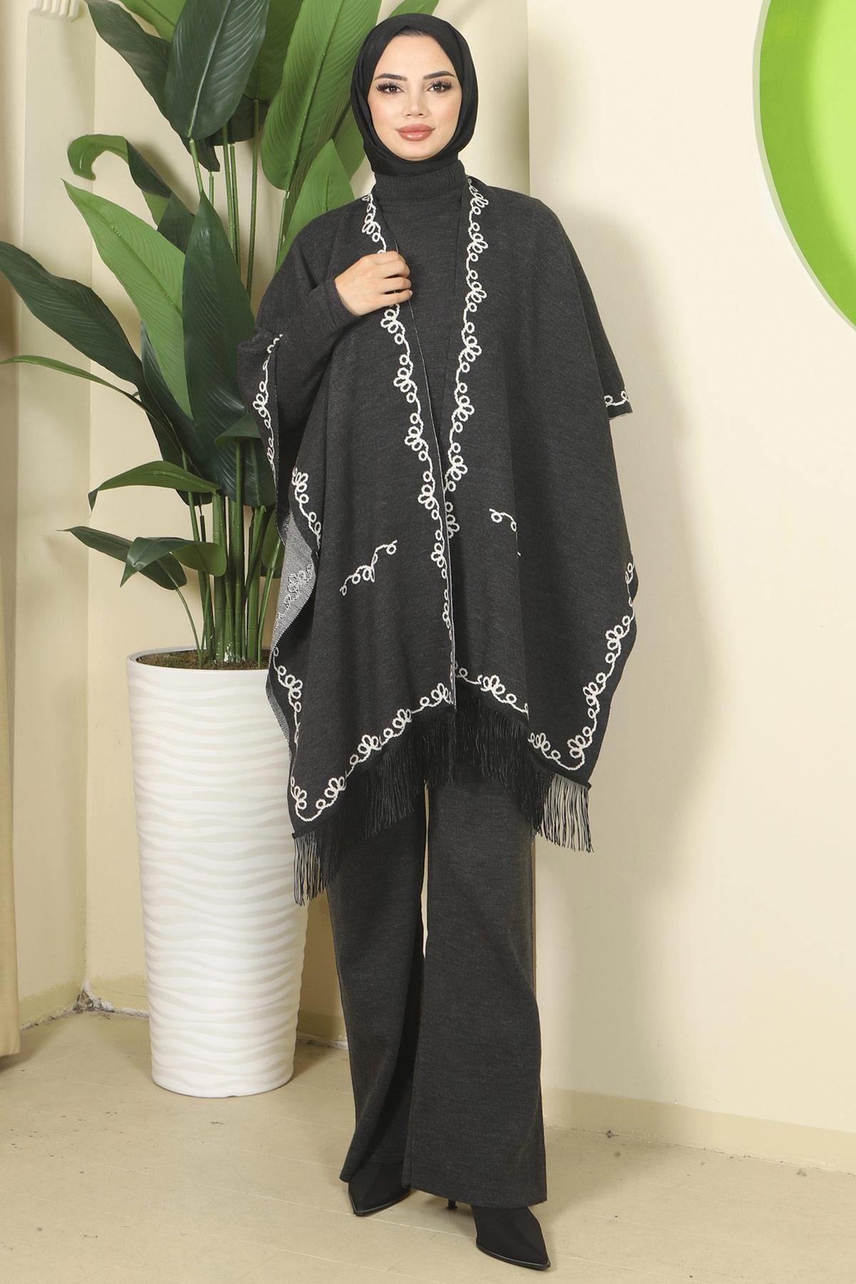 Zincir Desen Pançolu Üçlü Triko Takım Antrasit HM2815