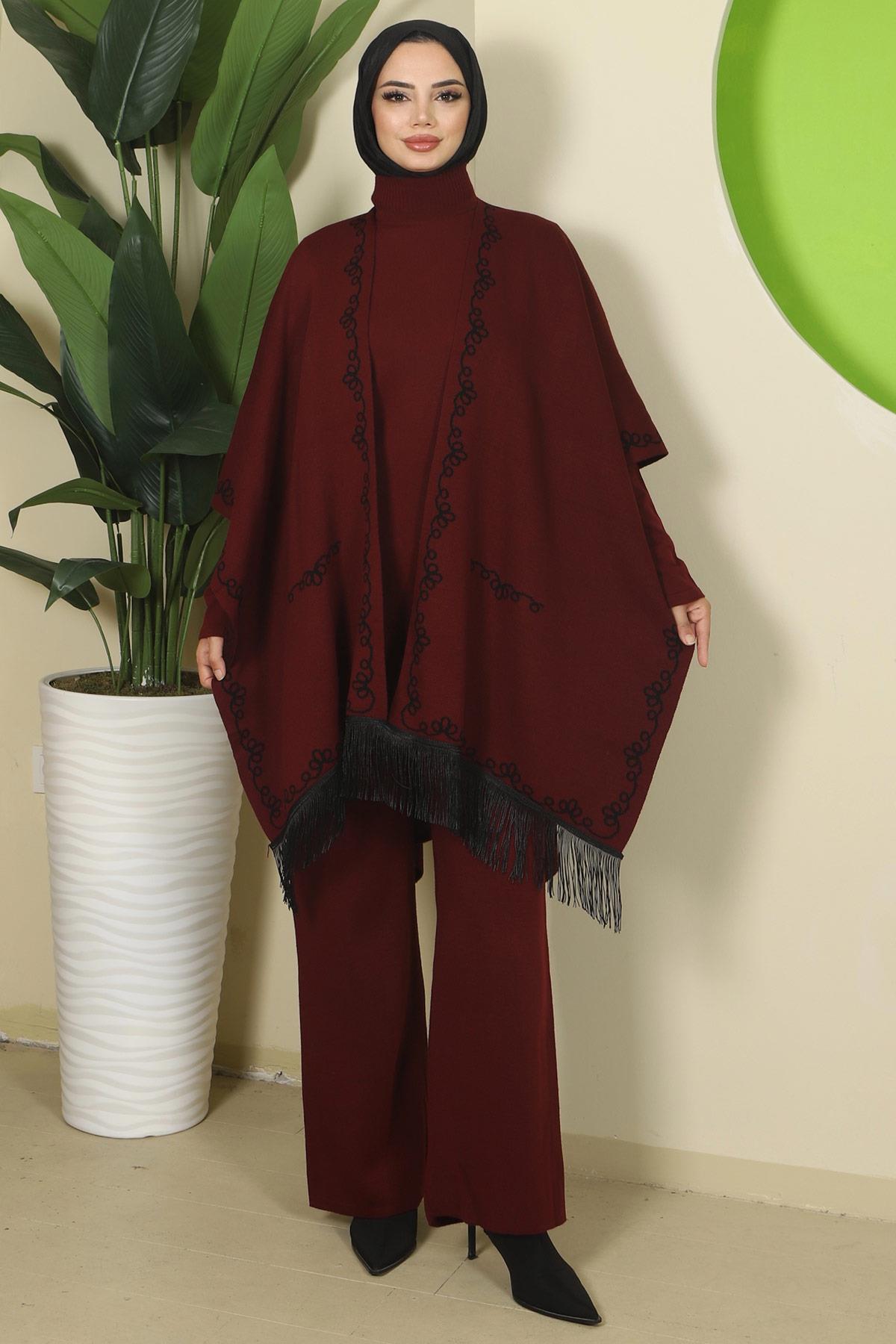 Zincir Desen Pançolu Üçlü Triko Takım Bordo HM2815