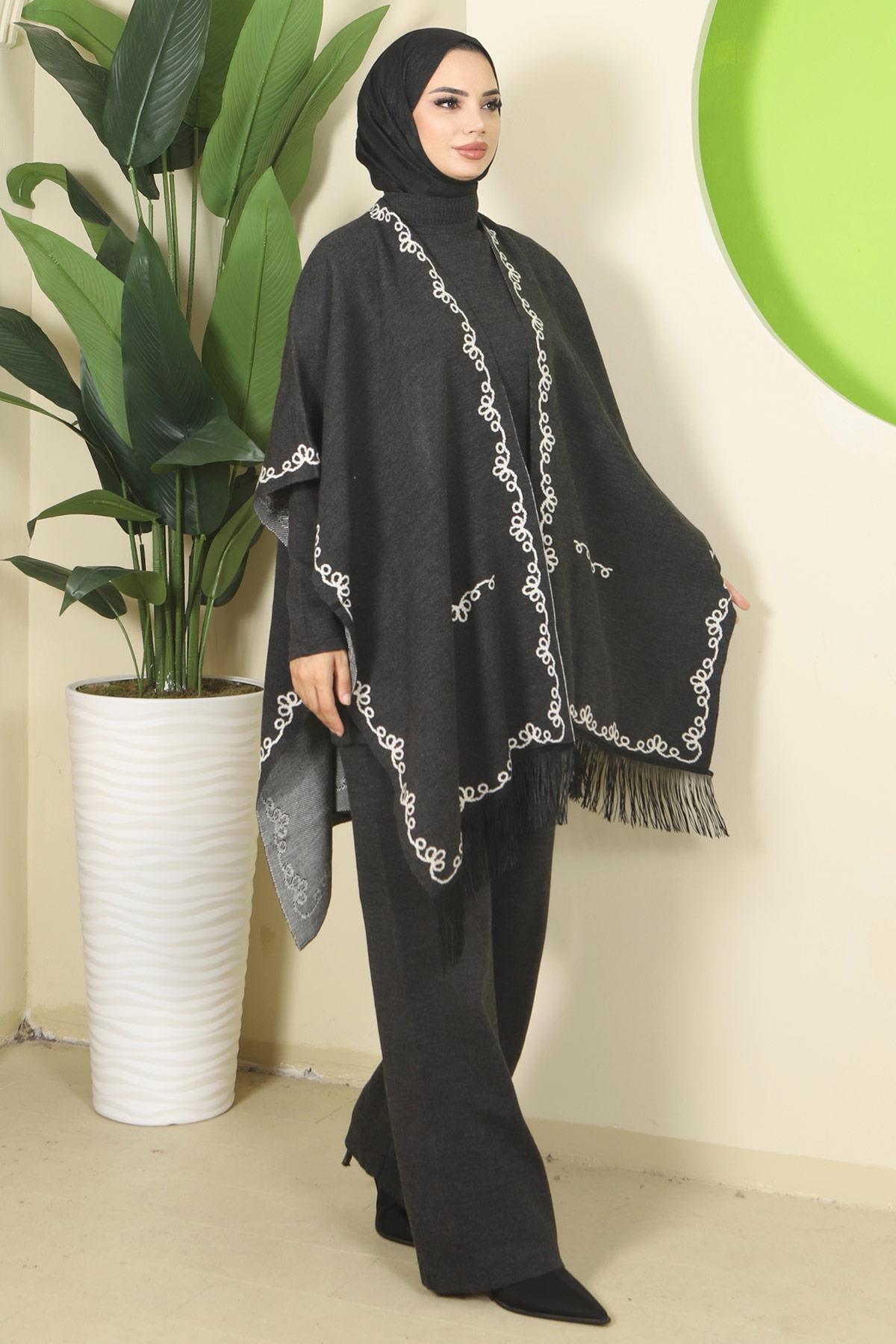 Zincir Desen Pançolu Üçlü Triko Takım Antrasit HM2815