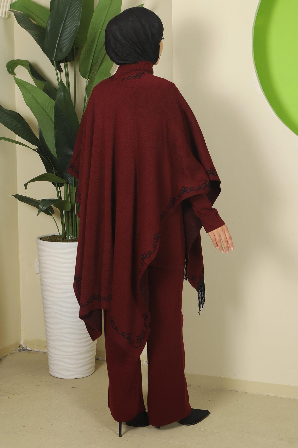 Zincir Desen Pançolu Üçlü Triko Takım Bordo HM2815