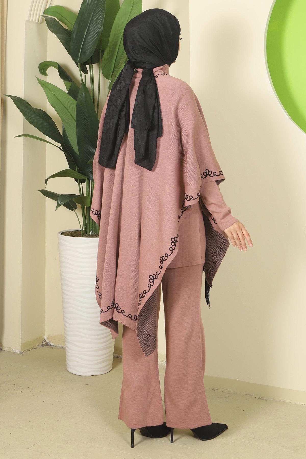 Zincir Desen Pançolu Üçlü Triko Takım Gül Kurusu HM2815