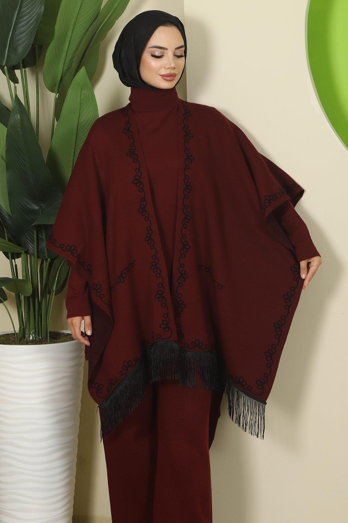 Zincir Desen Pançolu Üçlü Triko Takım Bordo HM2815