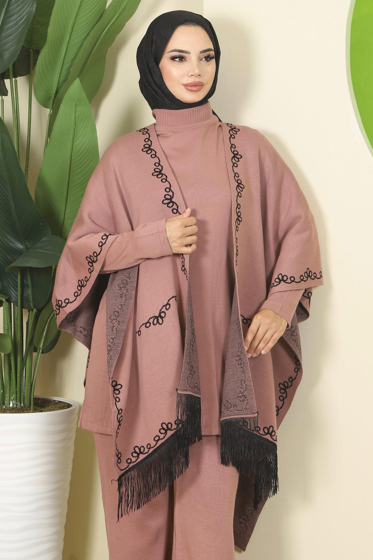 Zincir Desen Pançolu Üçlü Triko Takım Gül Kurusu HM2815