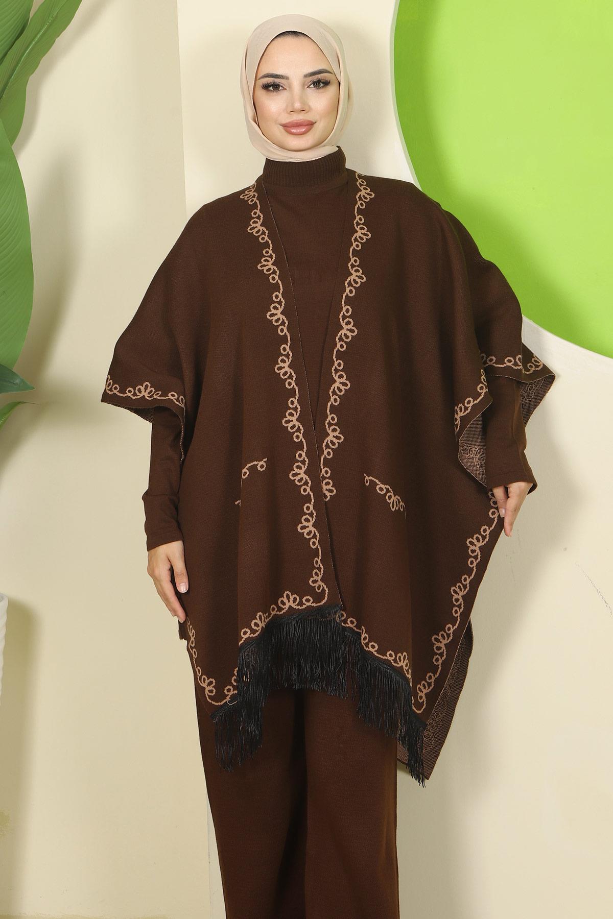 Zincir Desen Pançolu Üçlü Triko Takım Kahverengi HM2815