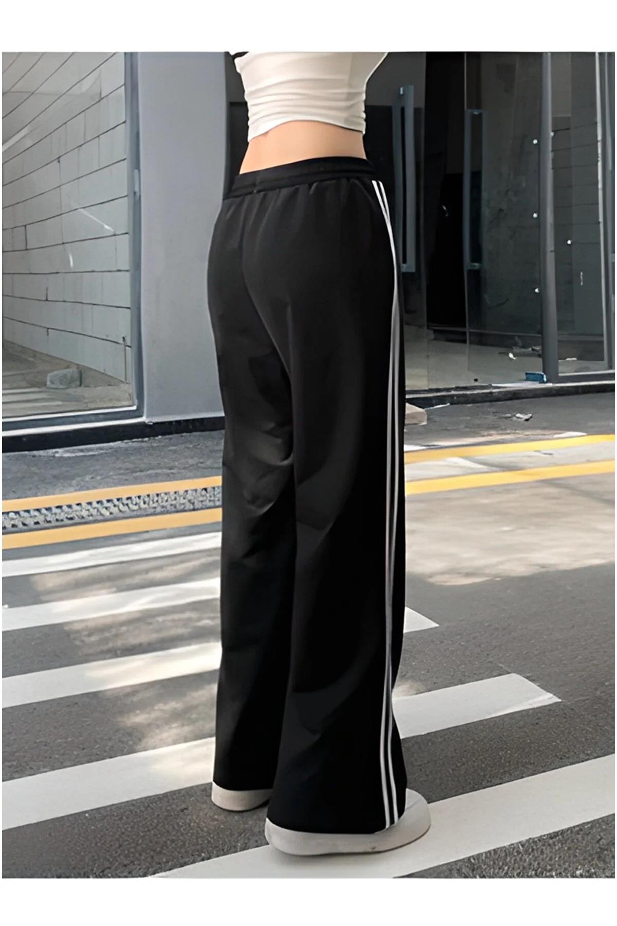  Siyah Renk Çift Şeritli Oversize Bol Paça Unisex Gothic Eşofman Altı