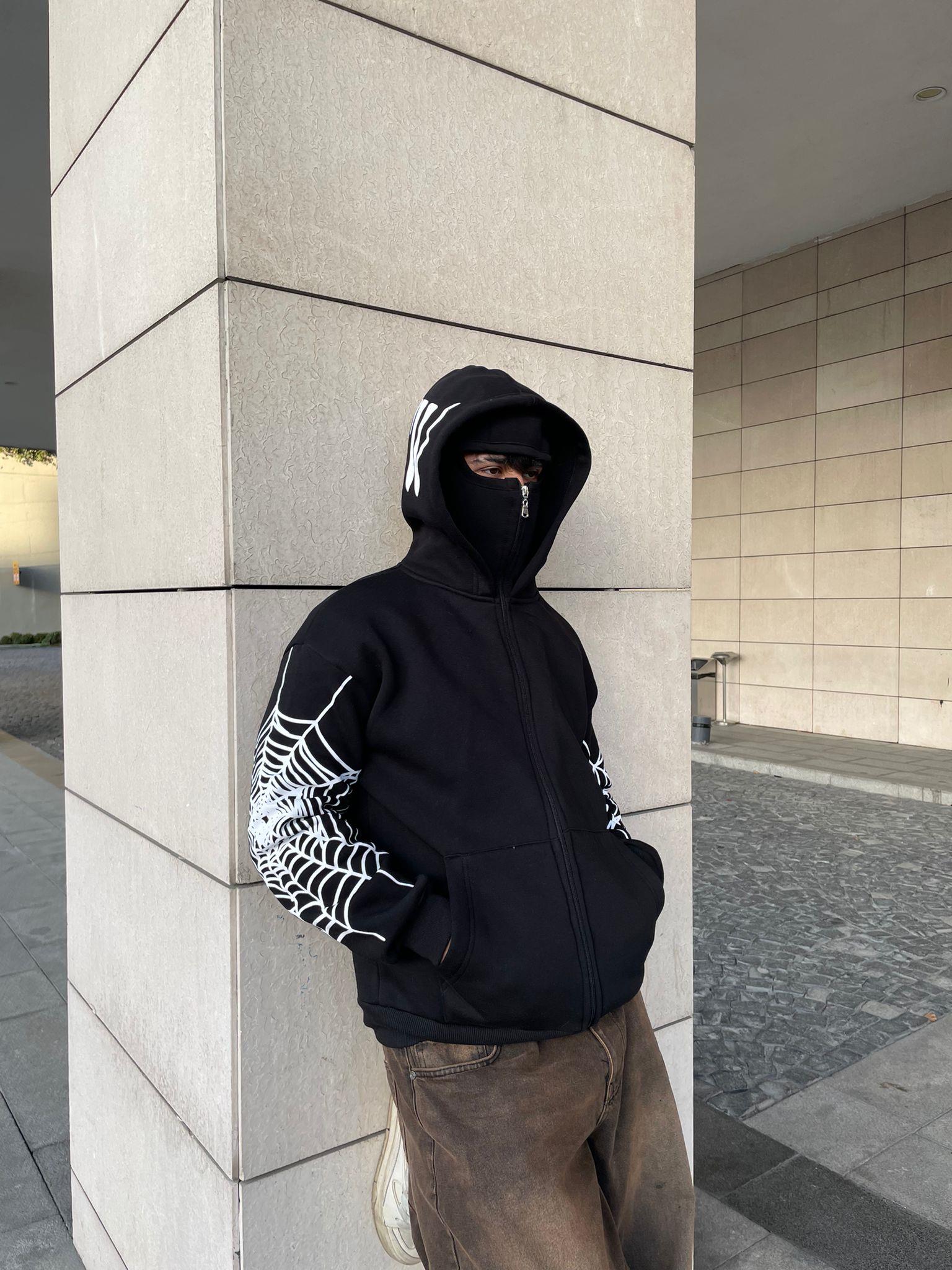 Spider Ağ Detail Siyah Unisex Kar Maskeli Samuray Kapüşonlu