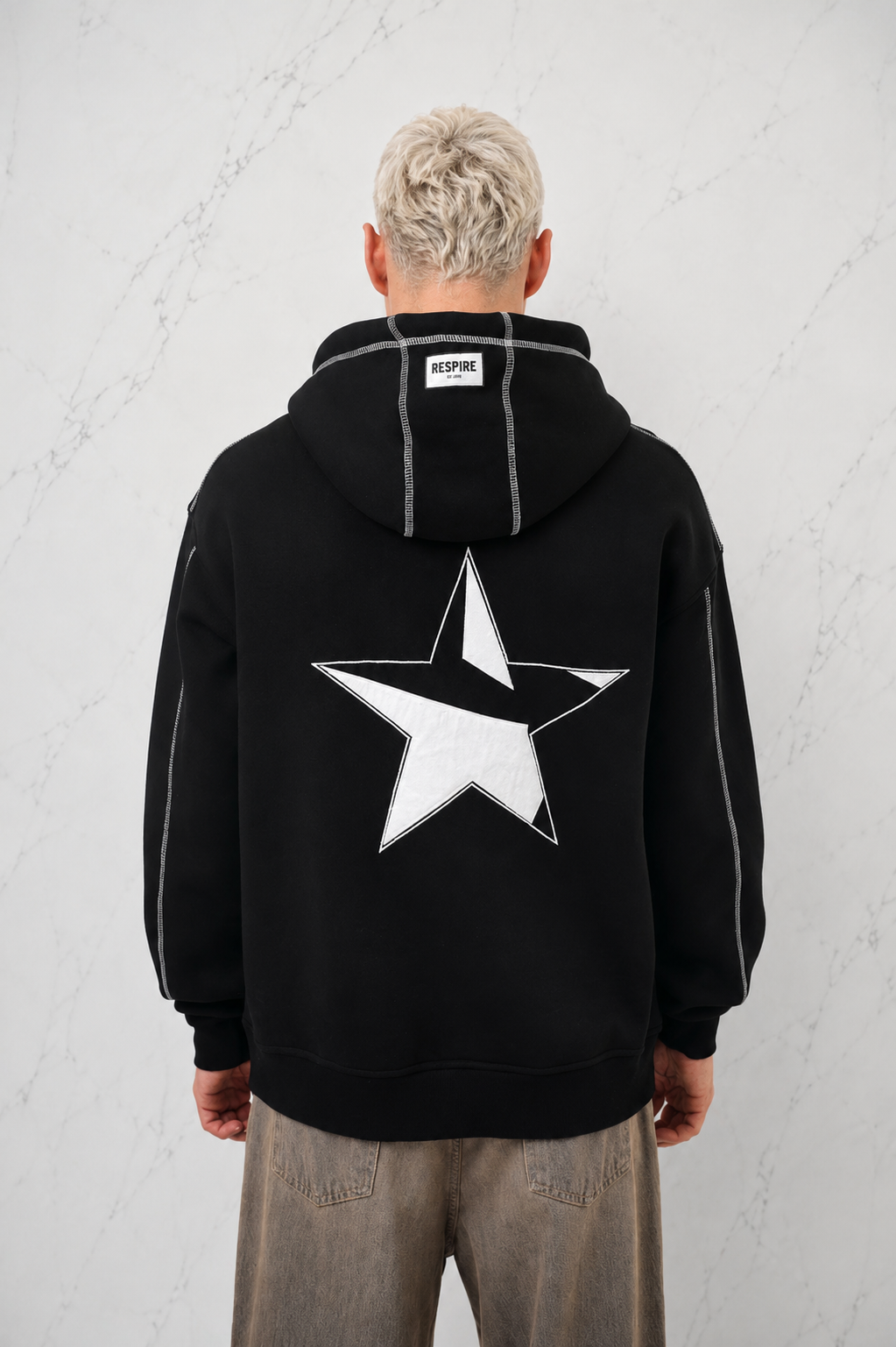 3 İplik Şardonlu Star Nıght Siyah Nakışlı Oversize Kapüşonlu Sweatshirt