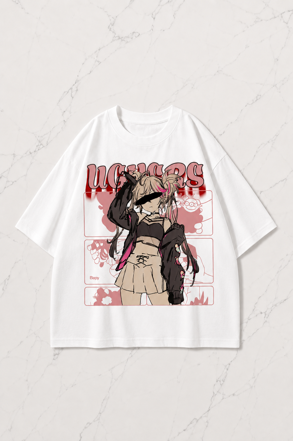 Anime Girl Detaylı Oversize Unisex Beyaz T-shirt