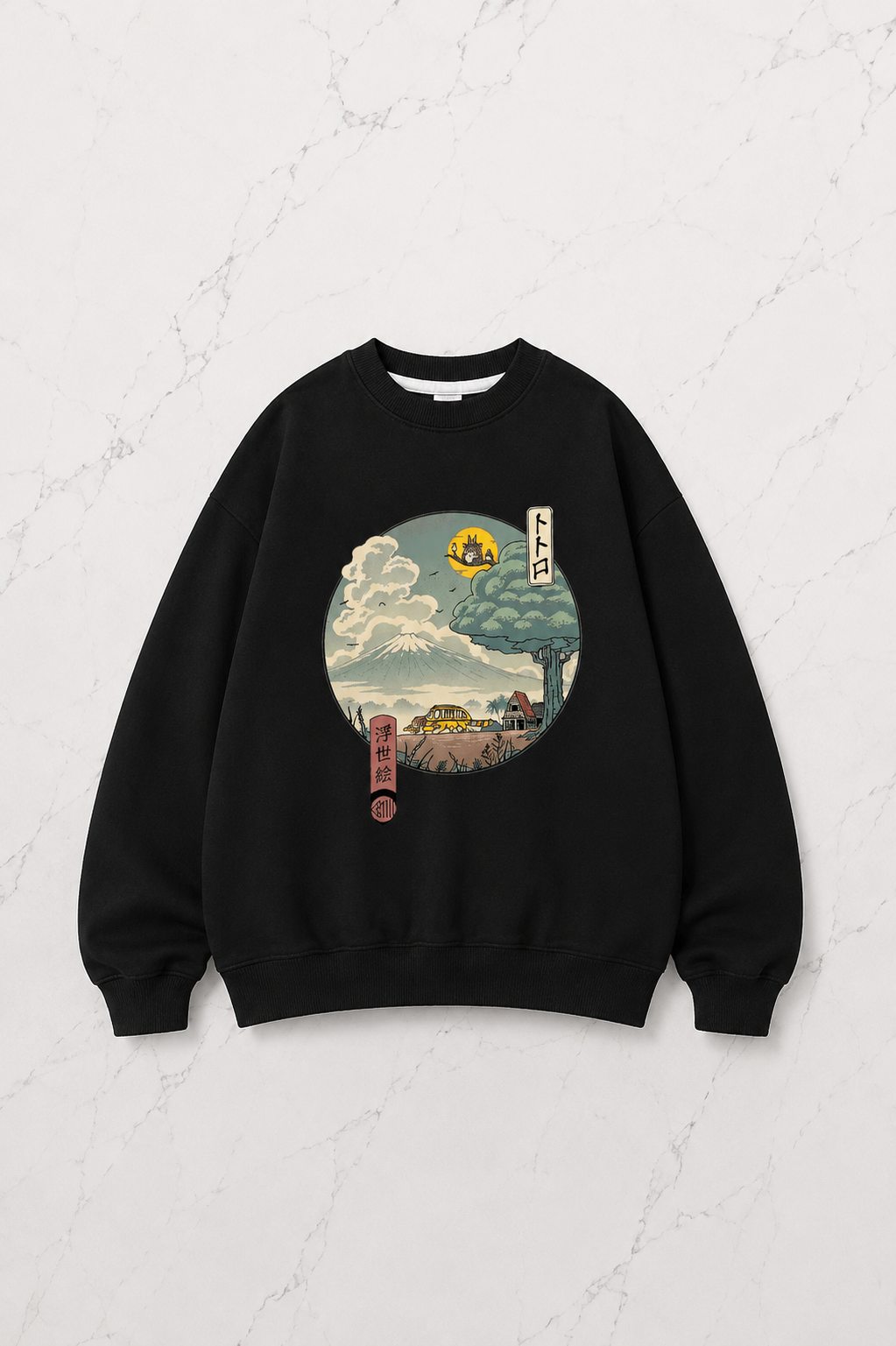 Anime Harajuku Totoro Baskılı Siyah Unisex Oversize Bisiklet Yaka Sweatshirt