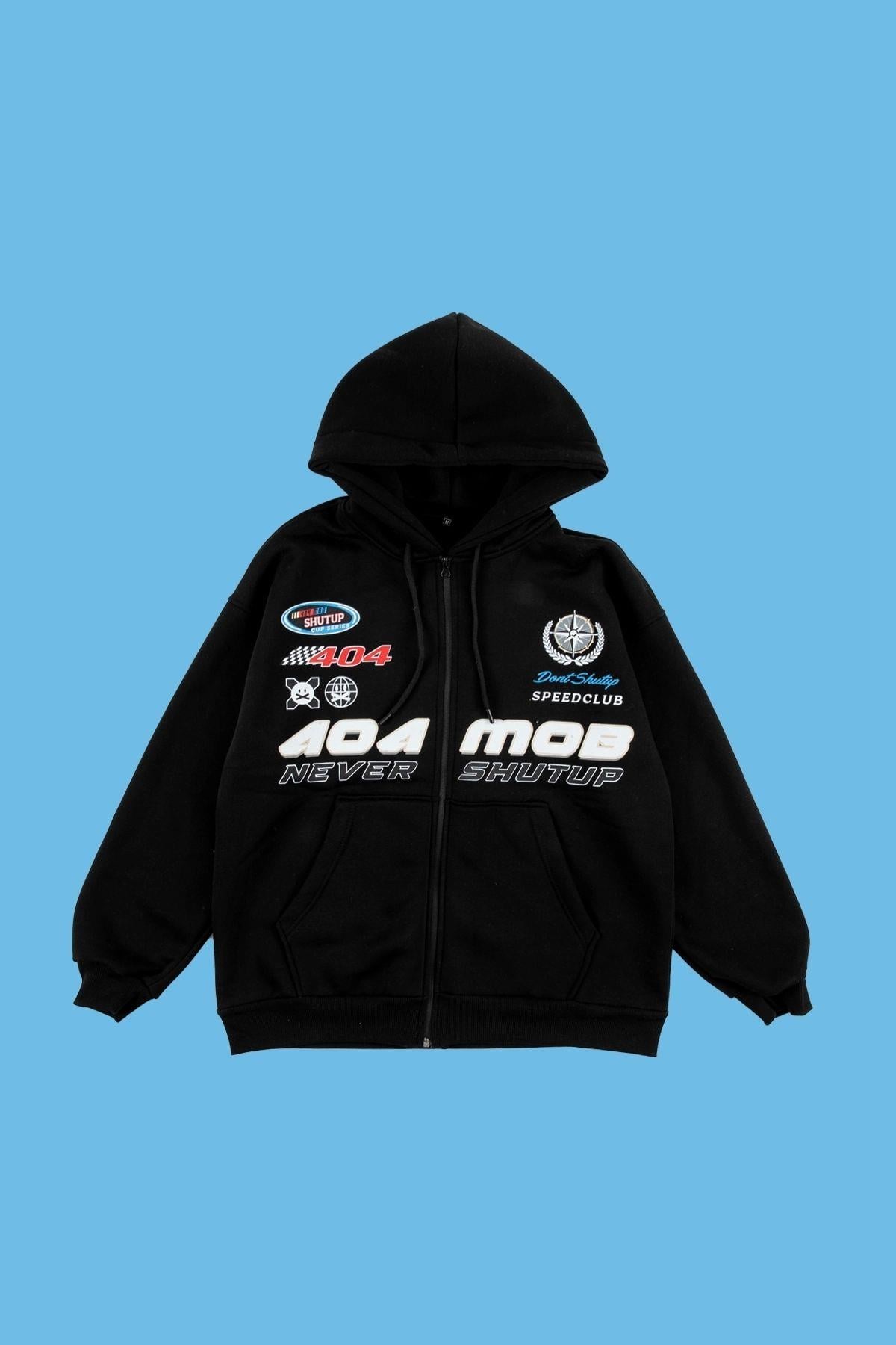 AOAMOB Logo Baskılı Oversize Unisex Fermuarlı Siyah Hoodie