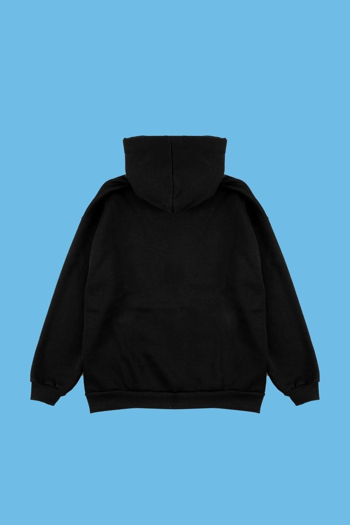 AOAMOB Logo Baskılı Oversize Unisex Fermuarlı Siyah Hoodie