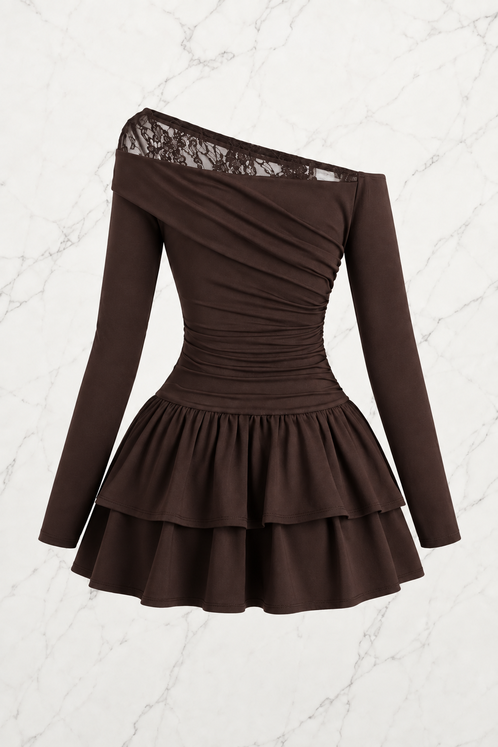 Asimetrik Lace Fırfırlı Lolita Elbise - Kahverengi