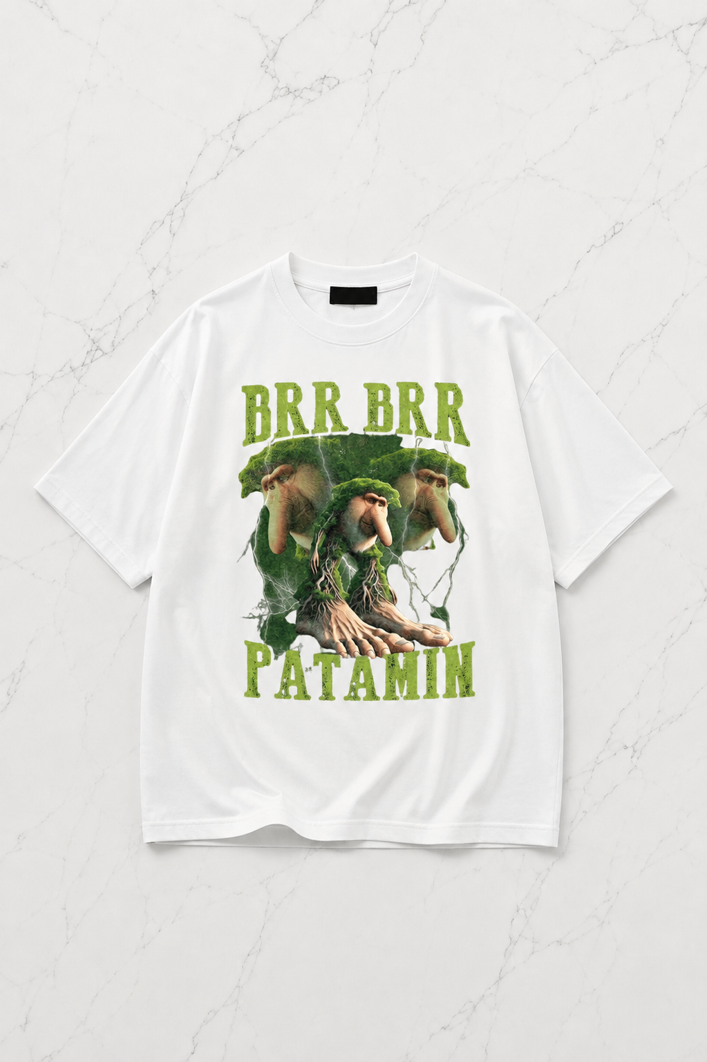 Beyaz Brr Brr Patamin Baskılı Yıkamalı Vintage Unisex Oversize T-Shirt