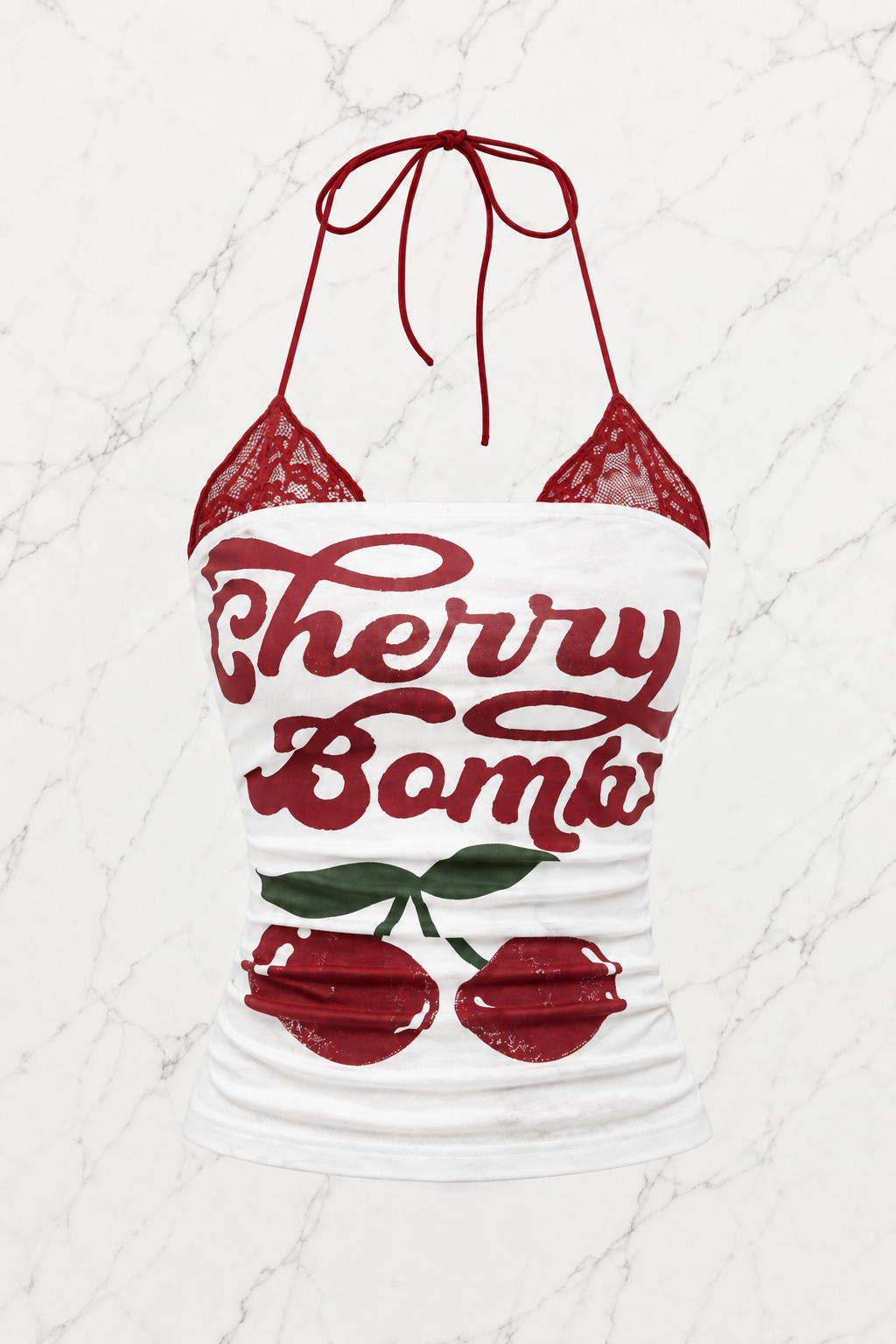 Beyaz Cherry Bomb Dantelli Ek Askılı Crop