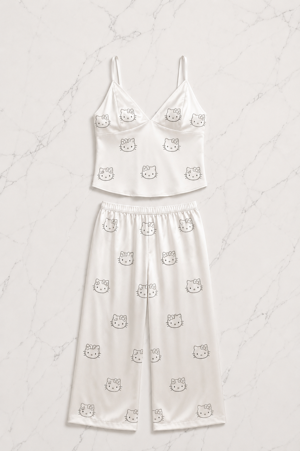 Beyaz Hello Kitty Taş Detaylı Saten Homewear Pijama Takımı